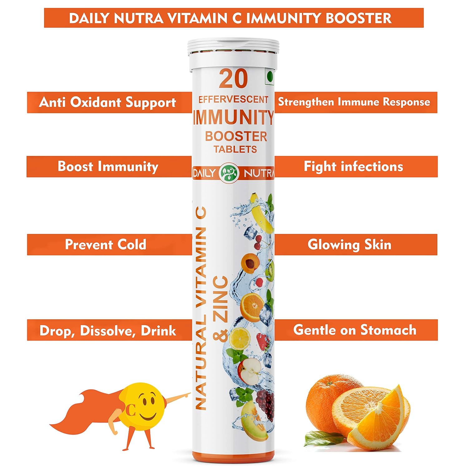 Daily Nutra Natural Vitamin C 1000mg Zinc Supplement Made With Natural Amla Extract For Powerful Antioxidant And Immunity Orange Flavour 40 Effervescent Tablets Amazon In Health Personal Care