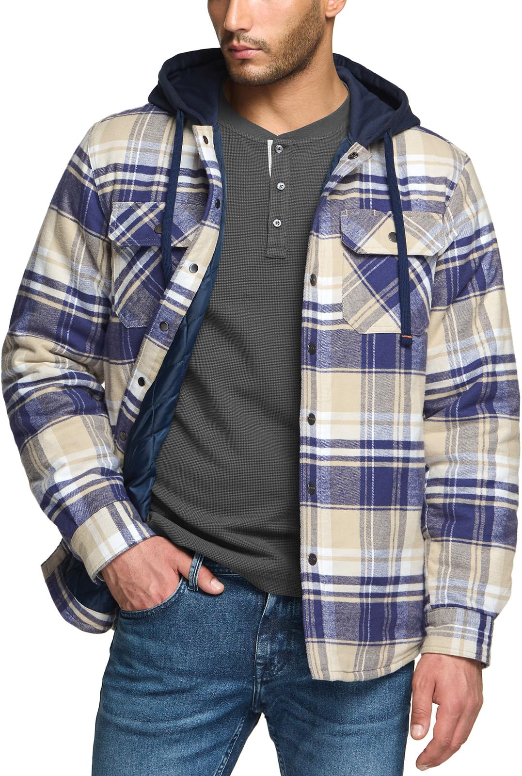 CQR Men's Flannel Shirt Jacket Long Sleeve, Winter Warm Outdoor Casual Plaid Jacket Coat with Pockets, Hoodie Basic Sedimentary Blue, Large Image