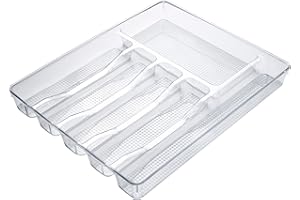 SIMPLEMADE Large Silverware Tray Organizer, 6-Compartments, Non-Slip Lining for Kitchen Drawer Flatware (Clear)