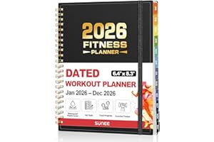 SUNEE 2026 Fitness Workout Journal Planner for Women & Men, JAN 2026 - DEC 2026 Exercise Planner, 6.4" x 8.3" Workout Calendar Journal Essentials Gift for Goals, Tracking, Gifts with PVC Plastic Cover,Black