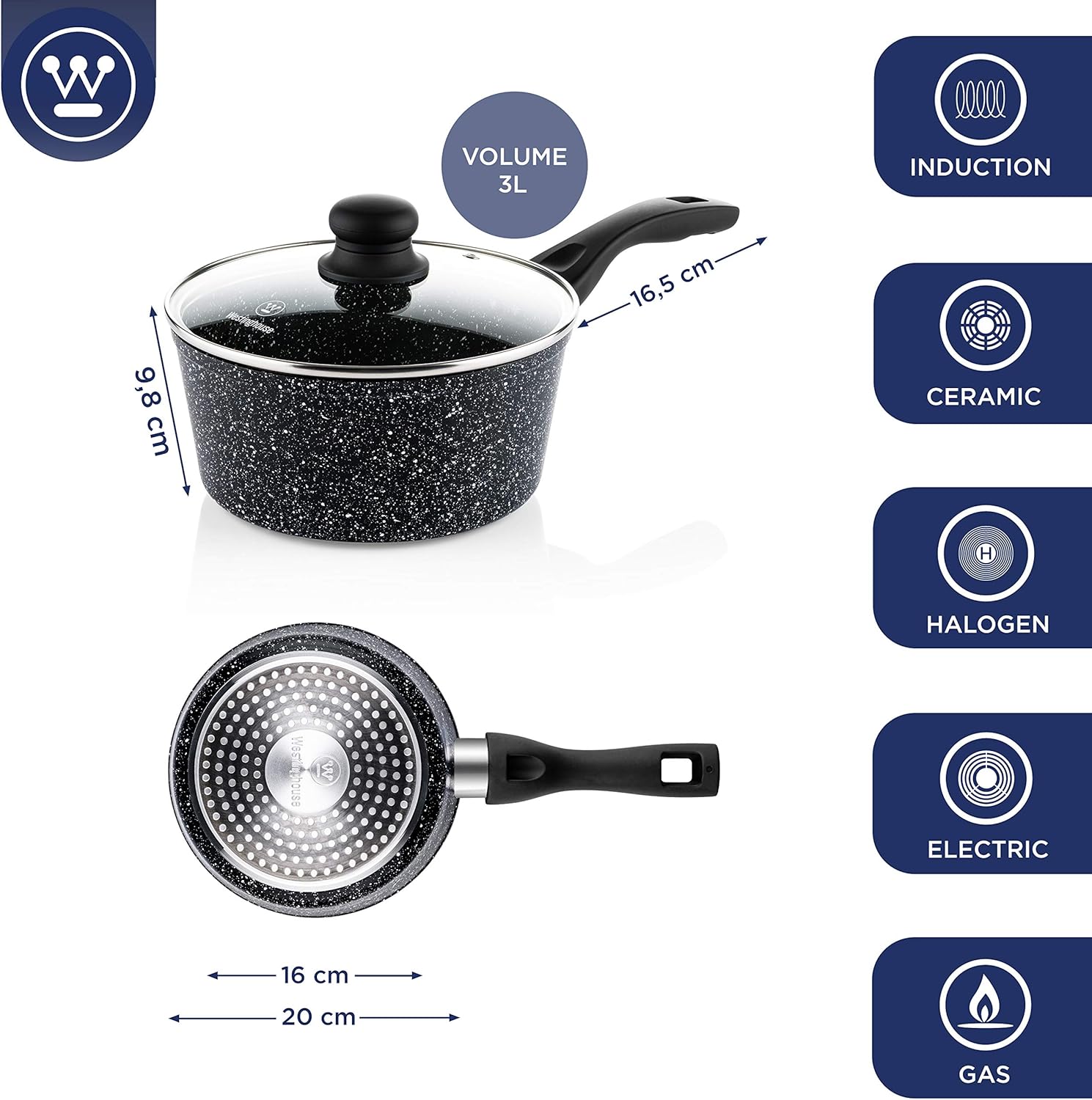Westinghouse Non Stick Saucepan with Lid - diameter 20 cm Saute Pan for Induction Gas Electric & Ceramic Hob - Black Marble - Image 5