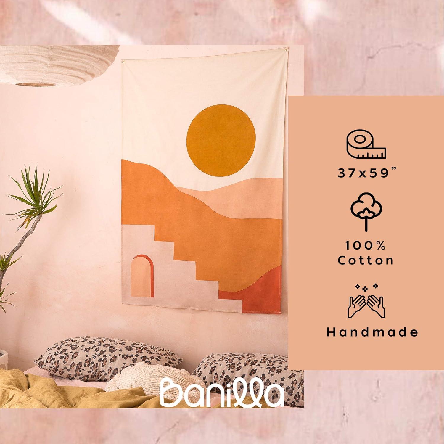 Banilla Handmade Wall Tapestry | Bohemian Decor For Bedroom, Dorm & Living Rooms | Boho Tapestry Art with Sun & Mountain Elements | 100% Cotton with Natural Dyes 37" x 59" (Sunset): Everything Else