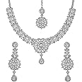 Touchstone Indian Bollywood Desire Enchanting Floral Diamond Studded Look Rhinestone Bridal Designer Jewelry Necklace Set In Gold or White Tone For Women.