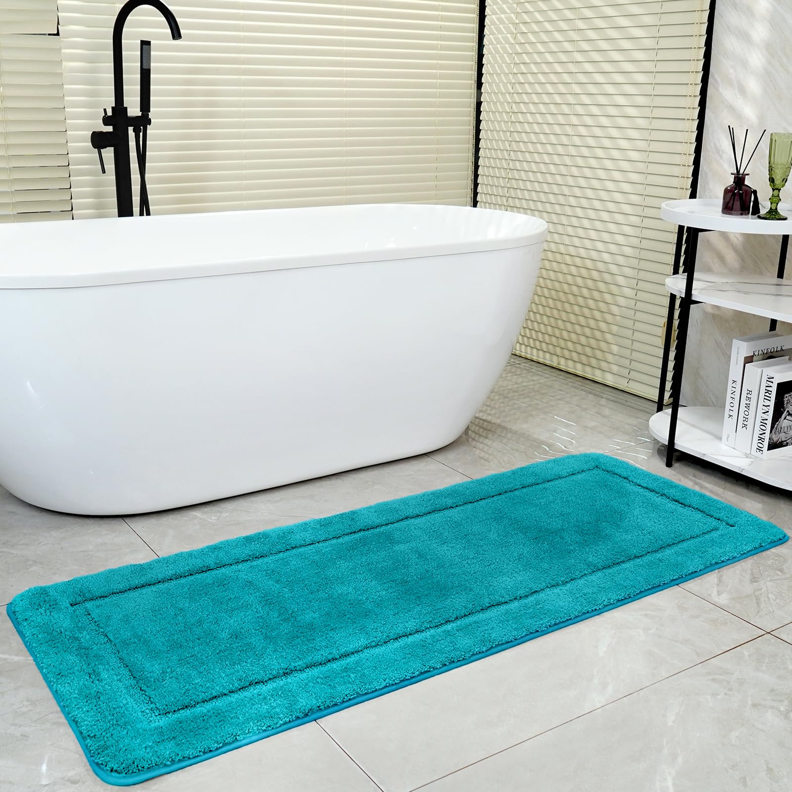SOANNY Turquoise Bath Mat, Non-Slip Soft Microfiber Machine Washable Bathroom Carpet Water Absorbent, High Density Large Fluffy Bathtub Shower Runner Rugs for Door Entrance, Kitchen, 60x150 cm