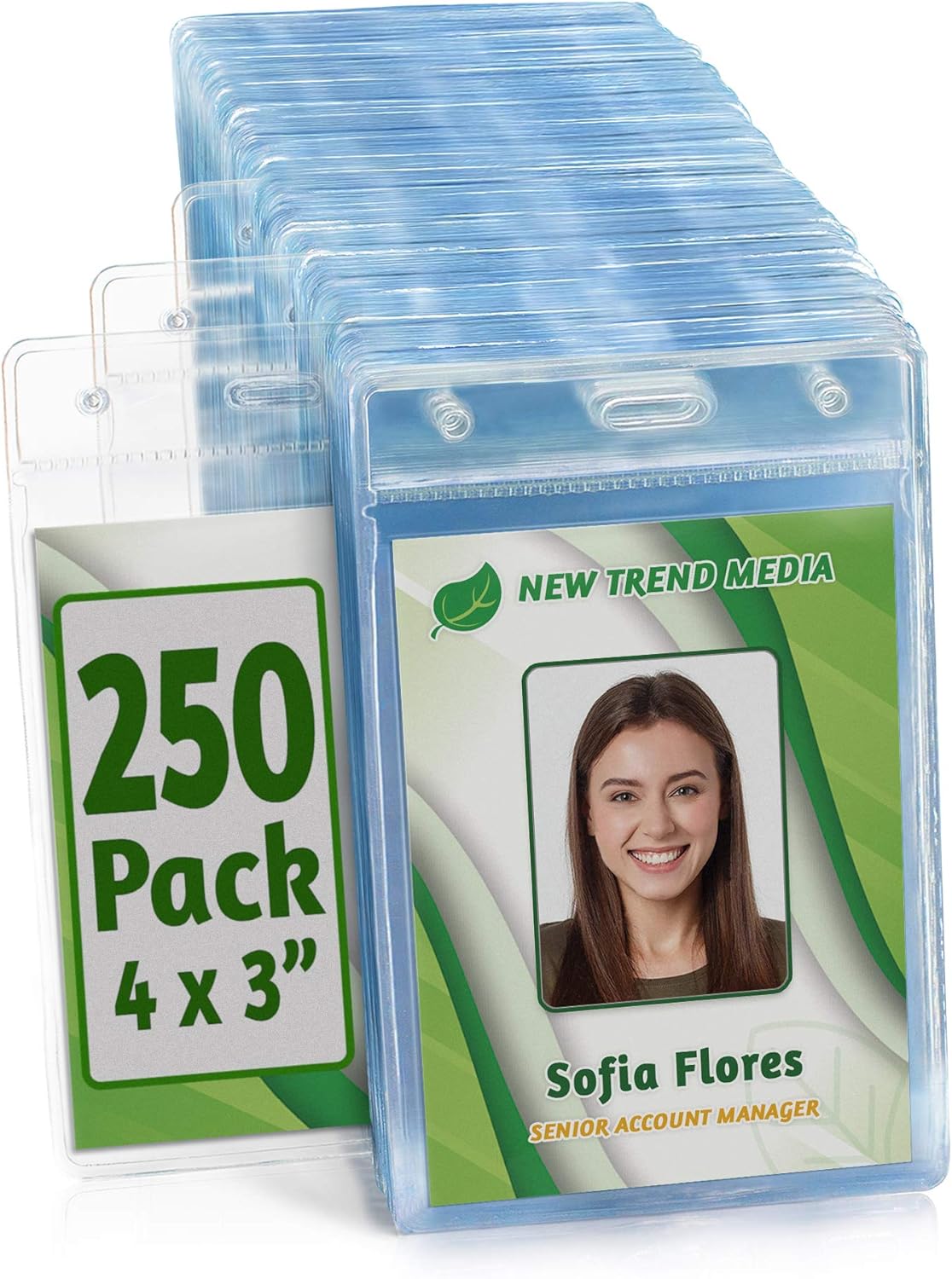 EcoEarth Vertical Name Badge Holders (Large 4x3, 250 Pack) Clear Plastic Pouch for ID Name Tags, Conference Nametag Sleeves, No Zipper for Quick and Easy Loading of Card Inserts