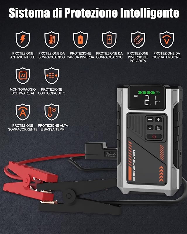Booster Avviamento Auto con Compressore d'aria Avviatore Emergenza per Auto da 6000A (10L Benzina/8.5L di Gasolio) 12V con 3 Modalità Torcia Avviatore Batteria Portatile