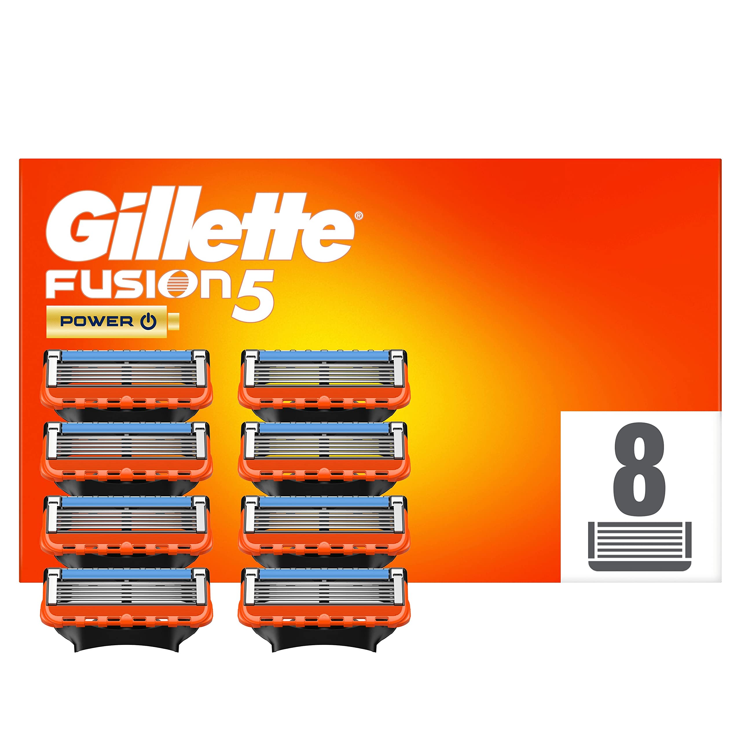 Gillette Fusion5 Power Razor Blades Men, Pack of 8 Refills with Precision Trimmer, 5 Anti-Friction Blades, Suitable for Mailbox