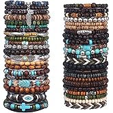 41/44 PCS Beaded Bracelets for Men Larger Size Women Adjustable Punk Braided Wooden Bracelet Bulk Wood Bangles Wristbands Meaningful Jewelry Gift