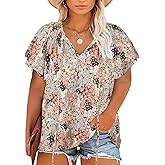 Halife Women's Plus Size Boho Tops Floral String V Neck Casual Summer Beach Blouses Shirts