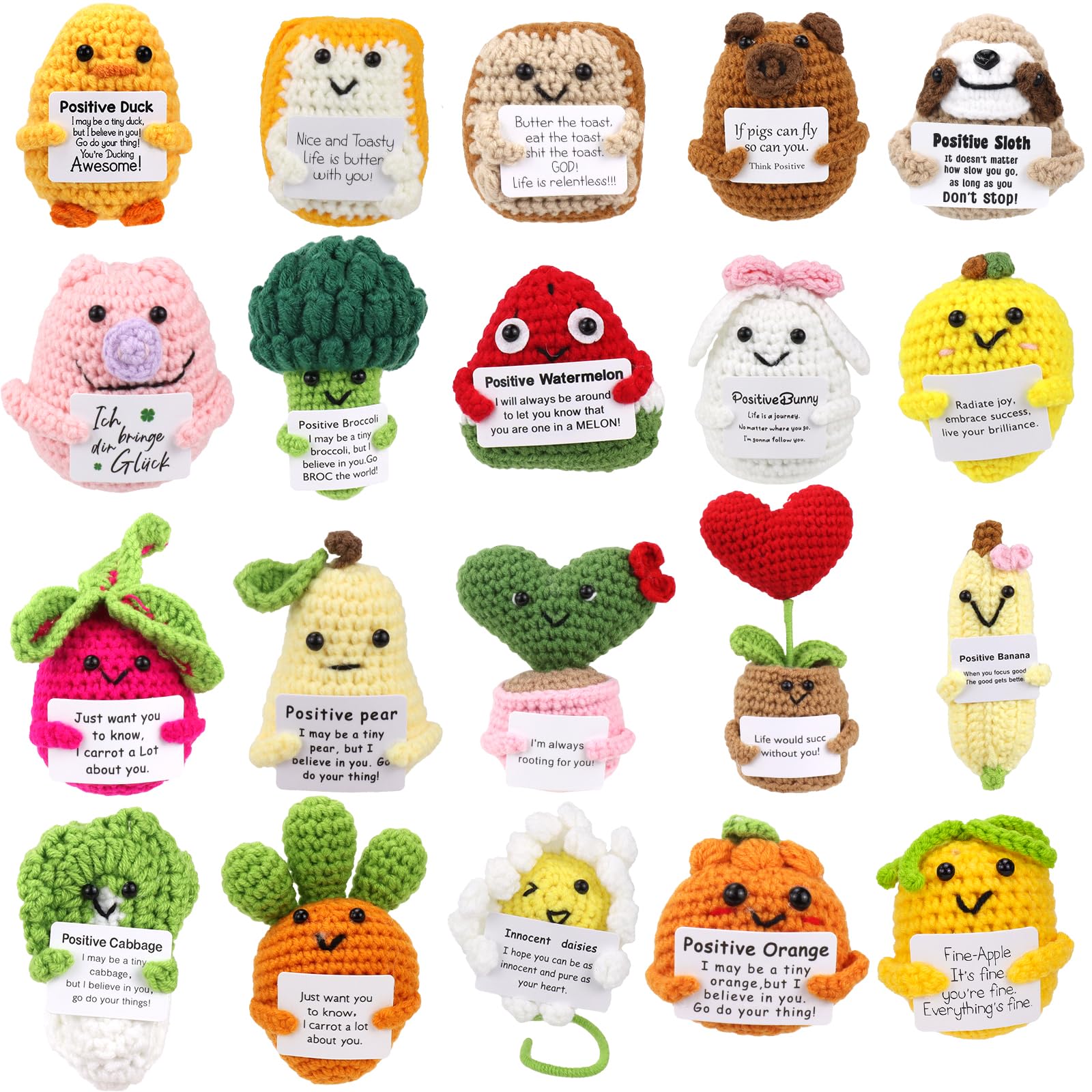 20PCS Crochet Animals Doll with Positive Messages, Positive Crochet Animals Bulk, Employee Appreciation Gifts, Crochet Veggies Fruits Dolls Birthday Gifts for Women Men Her, Mini Crochet Desk Decor
