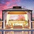 YOLENY 12' x 12' Gazebo, Galvanized Steel Double Roof Hardtop Gazebo with Aluminum Frame, Permanent Outdoor Metal Pavilion with Curtain and Netting for Patio, Lawn and Garden