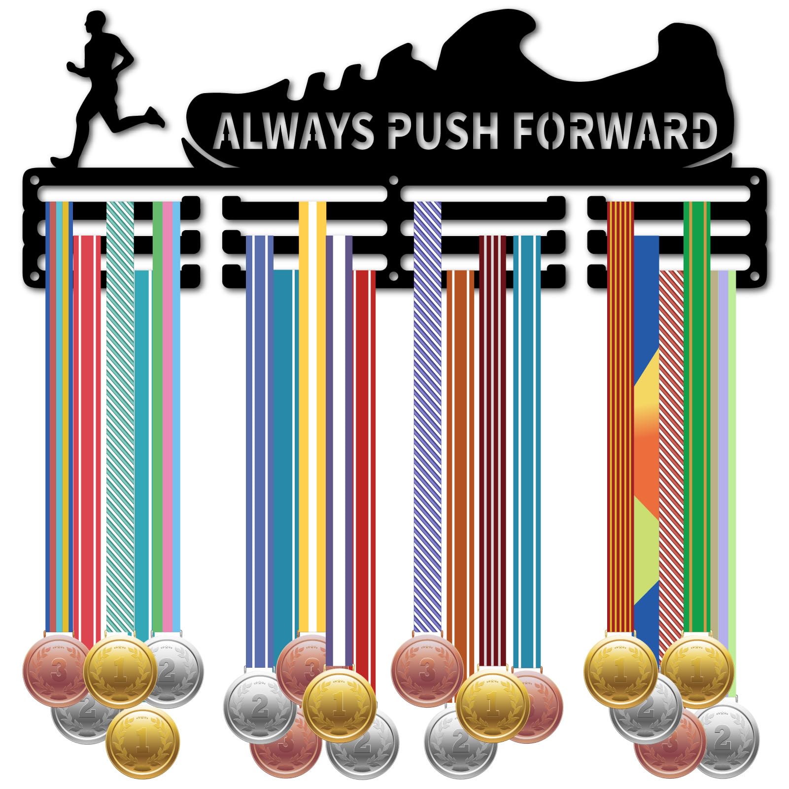 CREATCABIN Running Medal Hangers Runner Medal Holder Hooks Racks Display Wall Mounted Hanging Awards Decor Gift for Distance Race Winner Marathons Player Athletes Men 15.7x5.9 Inch Always Push Forward