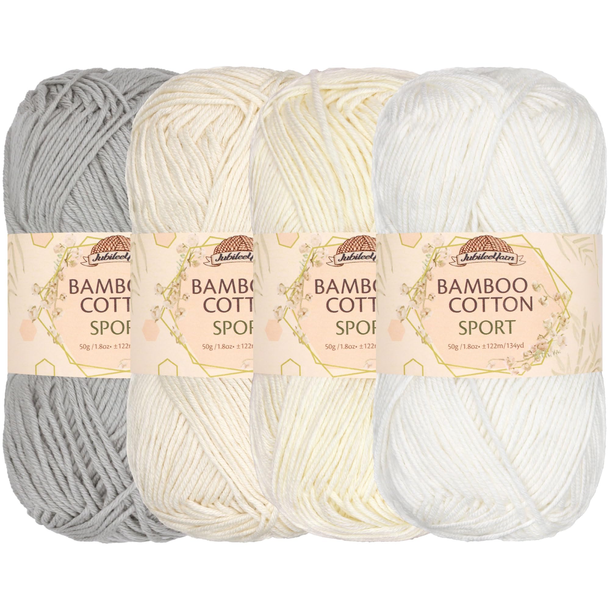 JubileeYarn Bamboo Cotton Sport 4 Ply Yarn - 50g/Skein - Shades of White - 4 Skeins