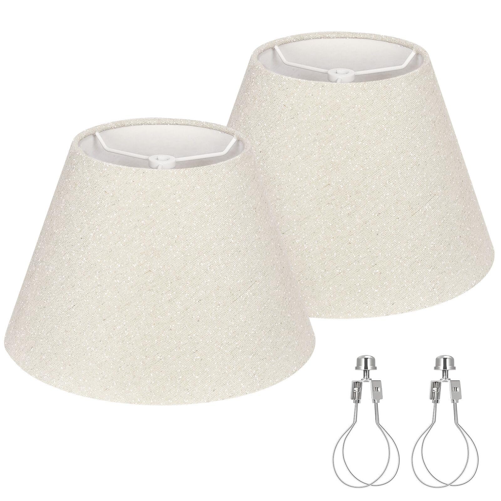 Photo 1 of Small Lamp Shades Set of 2, Beige with Silver Thread Lamp Shade, 5.5" Top x 10" Bottom x 6.6" High, Glitter Linen Lamp Shades for Table Lamps Bedside Lamps, Spider, Bulb Clip Adapters Included