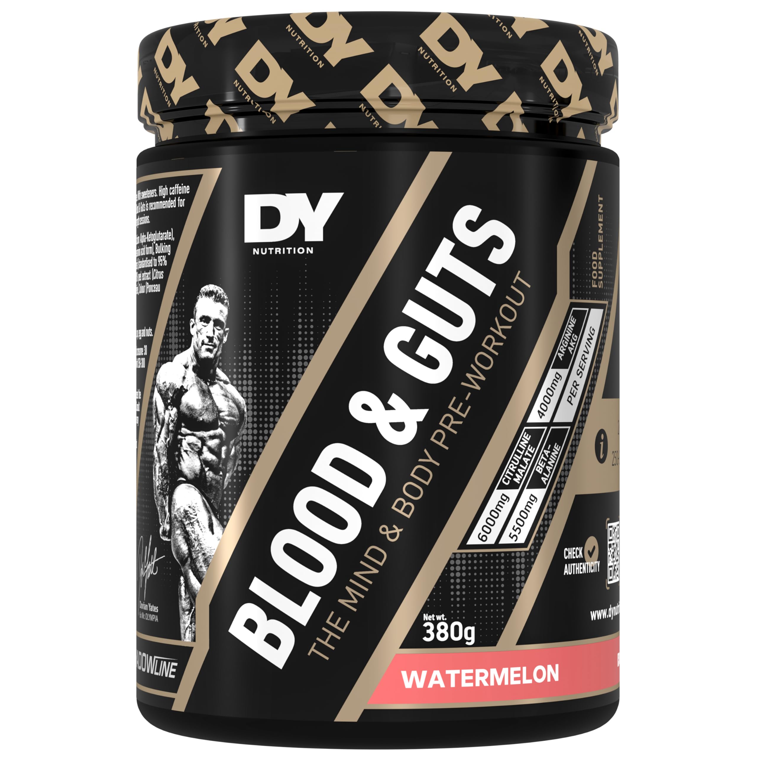 DY Nutrition - Blood & Guts Pre Workout Powder, 380g - High Strength Preworkout with 350mg Caffeine, Citrulline Malate, Beta Alanine, Arginine AKG, L-Tyrosine, Vitamin B3 for Men & Women (Watermelon)