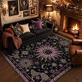 meejou Vacuum-Friendly, 5x7 Washable Area Rug, Black Purple Beige | Sun and Moon Boho Gothic Non-Slip Low Pile Living Roon Bedroom Dining Room Kitchen Entry Entryway Entrance Hallway Doormat
