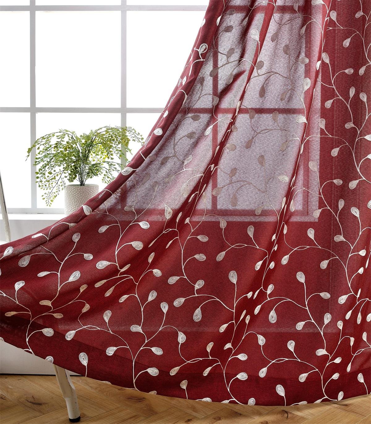 MIUCO Floral Embroidered Semi Sheer Curtains Linen Look Grommet Window Curtains for Bedroom 52 x 95 Inch 2 Panels, Sea Foam — image 1
