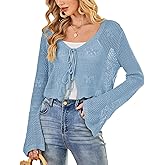 Balimtoy Women Tie Front Cardigan Crochet Sweater Crop Tops Cute Bell Long Sleeve Knit Shrug Beach Vacation Cover Up