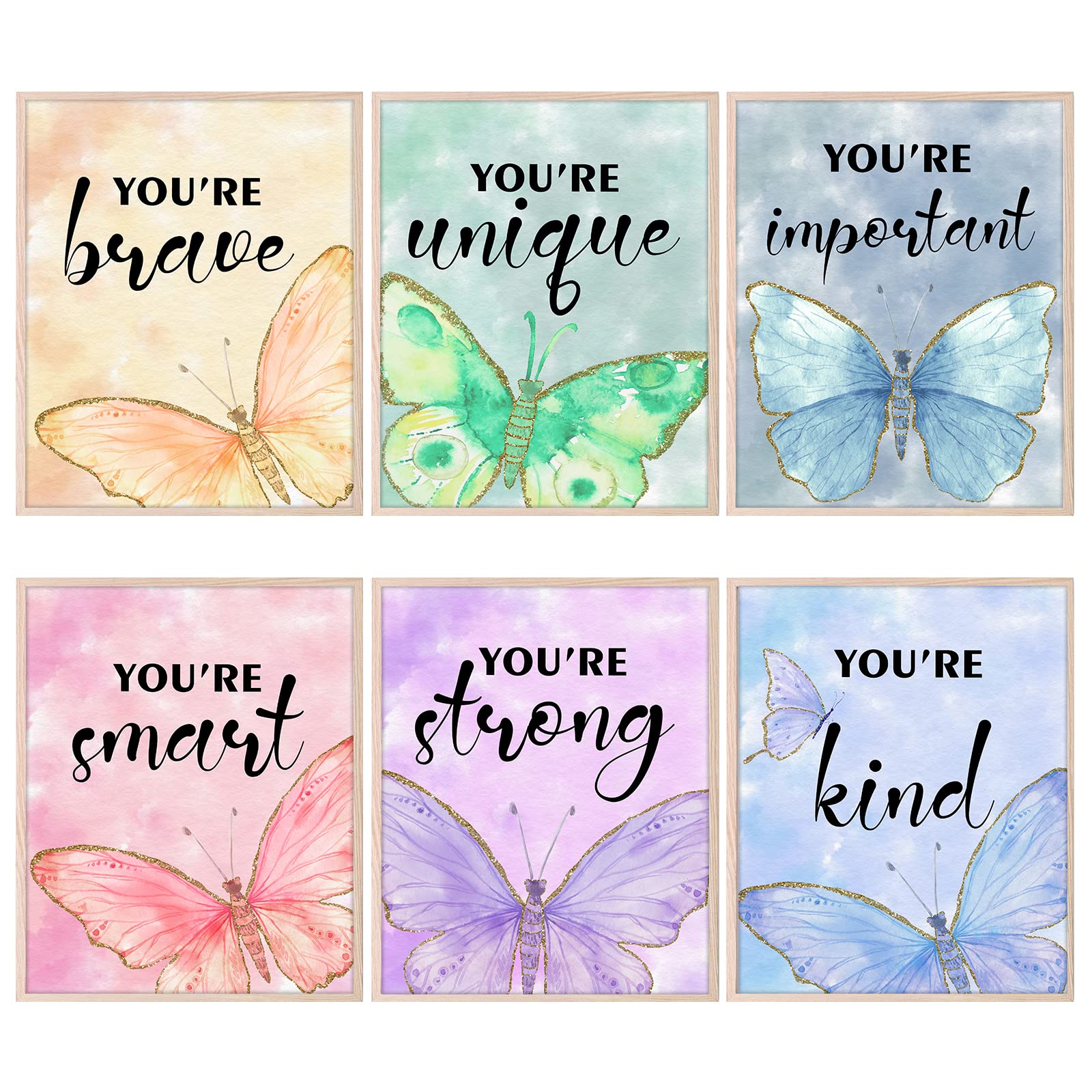 HOMANGA Girls Room Decor Posters, Butterfly Wall Art Prints, Wall Decor Prints for Kids Girls' Bedroom, Nursery Room (Set of 6, 20x25 CM, Unframed)