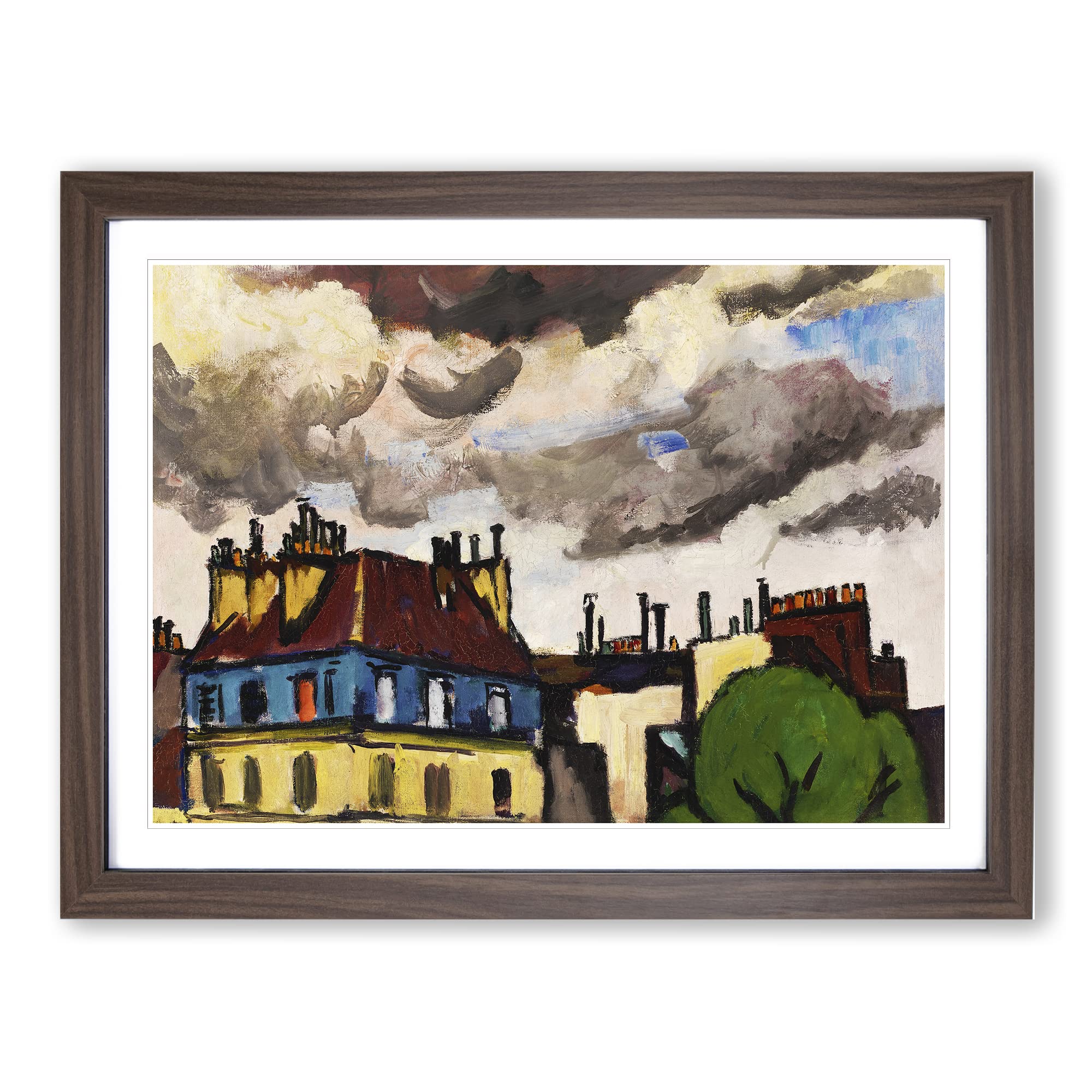 Rooftops And Clouds In Paris By Henry Lyman Sayen Classic Painting Framed Wall Art Print, Ready to Hang Picture for Living Room Bedroom Home Office Décor, Walnut A3 (46 x 34 cm)