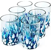 Handmade con Amor - 15 oz Hand Blown Mexican Drinking Glasses - Set of 6 tumblers, 15 fl oz each, Blue Confetti