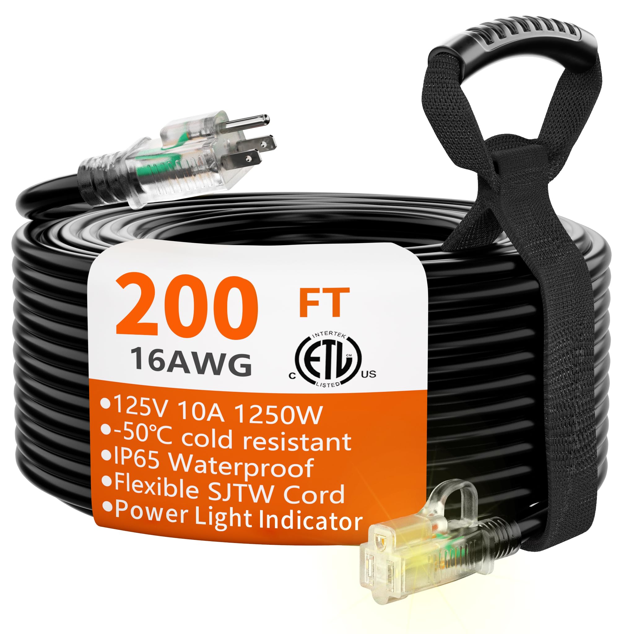 Photo 1 of HUANCHAIN 16/3 Gauge 200 ft Extension Cord Outdoor Waterproof with Lighted end, Flexible Cold-Resistant 3 Prong Long Black Extension Cord Outside, 10A 1250W 16AWG SJTW, ETL
