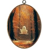 FSTCSV Fall Halloween Ghost Oval Wall Art Framed, Autumn Cute Ghost Swing Canvas Prints Wall Hanging Art, Rustic Vintage Autumn Fall Halloween Oval Walls Decor for Home Living Room, 8.8x11.5in
