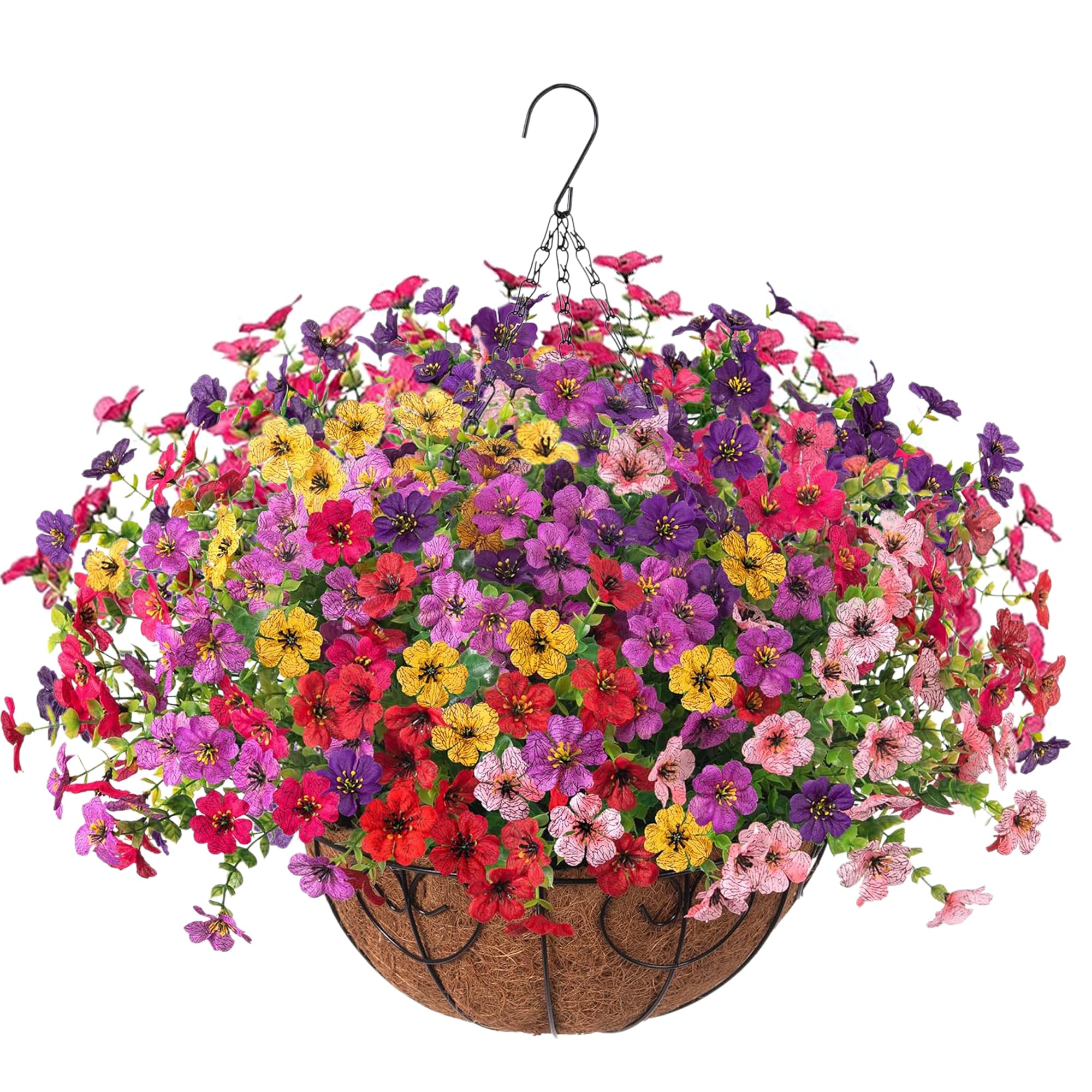 Photo 1 of Artificial Fake Hanging Plants Flowers with Basket Outdoor Decor Faux Silk Dasiy Flower Arrangements in Pot Planter for Porch Home Indoor Patio Garden Yard Decoration