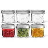 JoyJolt 8 Oz Mason Jars With Lids, Labels and Measures! 6-Pack Wide Mouth Mason Jars, Glass Jar with Lid and Band. Airtight Canning Jars, Overnight Oats Jars, Salad Jars, Sourdough Starter Jar
