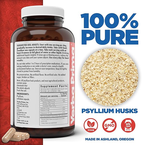 YERBA PRIMA PSYLLIUM HUSKS VEG CAPS, 400 CAPSULES (625MG) – VEGAN, NON-GMO, GLUTEN FREE, COLON CLEANSER, DAILY FIBER SUPPLEMENT FOR GUT HEALTH & REGULARITY
