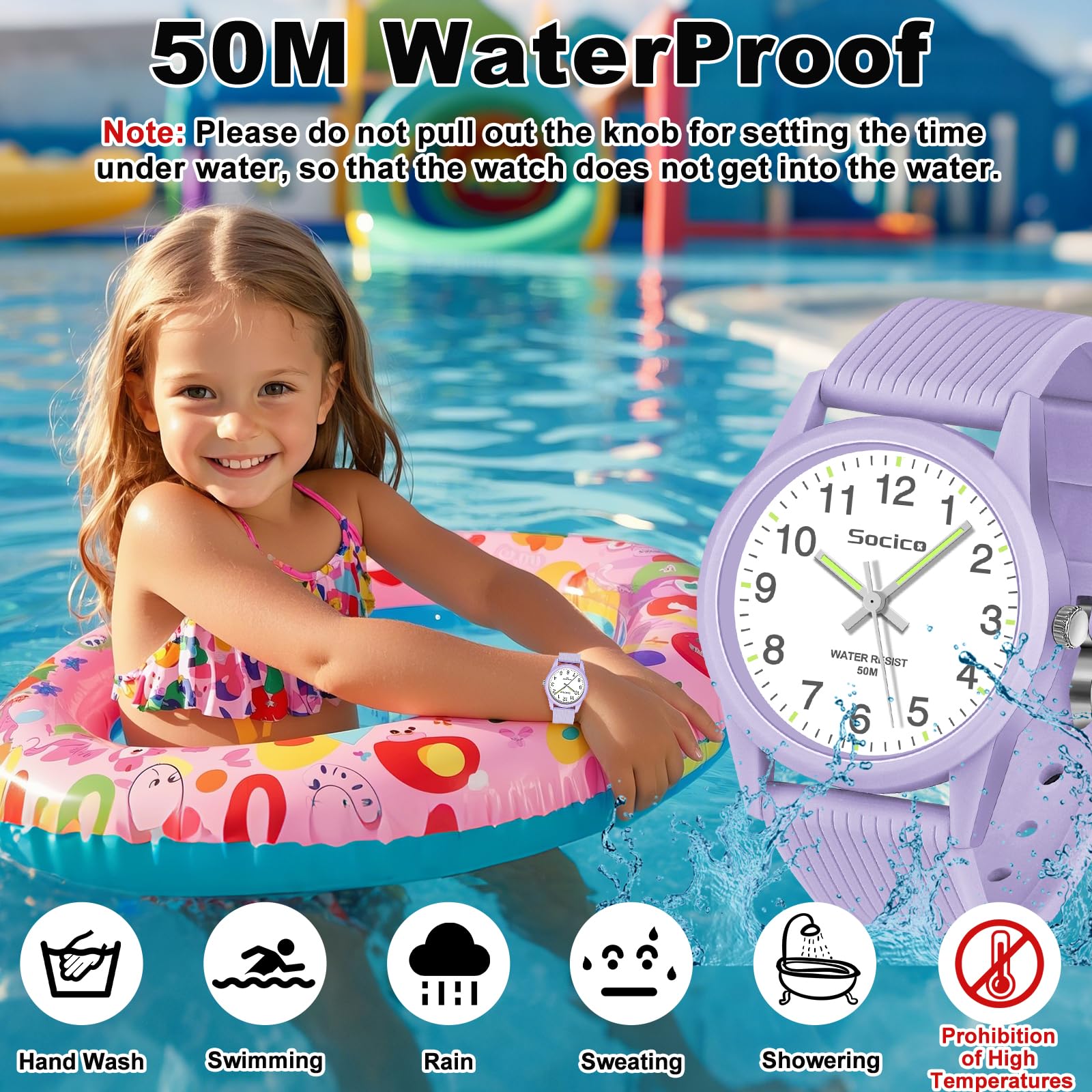 SOCICO Kids Analog Watch for Boys Girls, Easy to Read Learning Time Watch, 50M Waterproof, Soft Band Wristwatch for Ages 4-12, Great Gift for Children