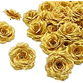 50 Pcs Gold Rose Flower Head, Artificial Flowers Bulk for DIY Crafts, 3 Inch Silk Rose with Stem Fake Flower for Decoration, Wedding Home Party Decor Baby Shower Centerpieces Table Decor