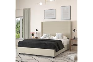 Merrick Lane Bramlett Modern Platform Bed - Beige Faux Linen - Queen - Padded Wingback Headboard - 3" Floor Clearance - Wood Support Slats - No Box Spring Needed