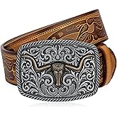 BISON DENIM Men's Western Double Embossed Leather Belts with Golden Cowboy Longhorn Bull Pattern Floral Engraved Buckle Belt