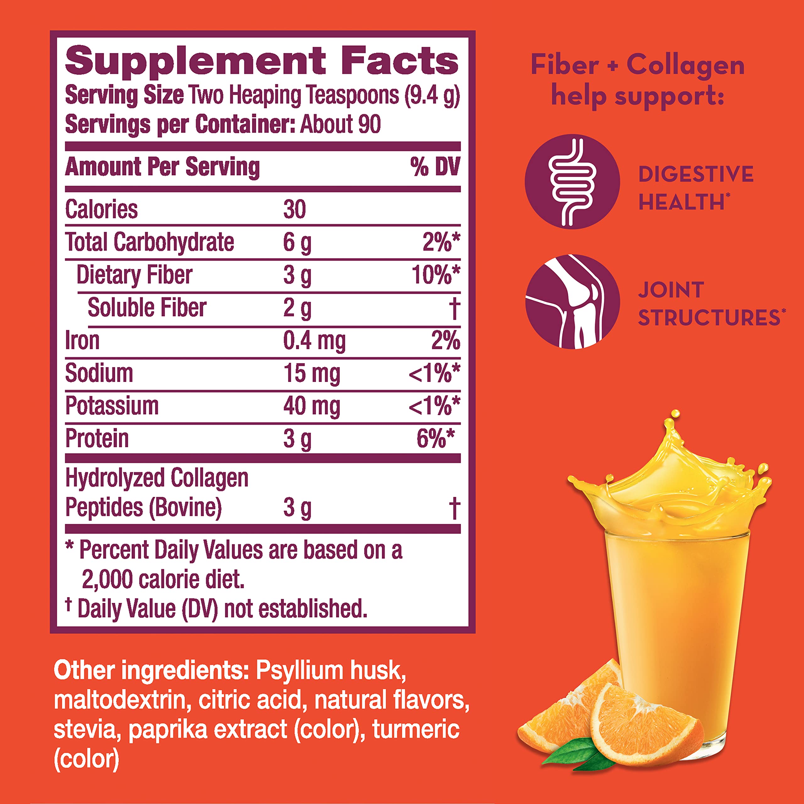 Metamucil Daily Fiber + Collagen, Psyllium Husk Powder, Plant Based Fiber Supplement, Sugar-Free with Stevia, 3-in-1 Fiber Supplement for Digestive Health, Orange Flavored, 90 Doses