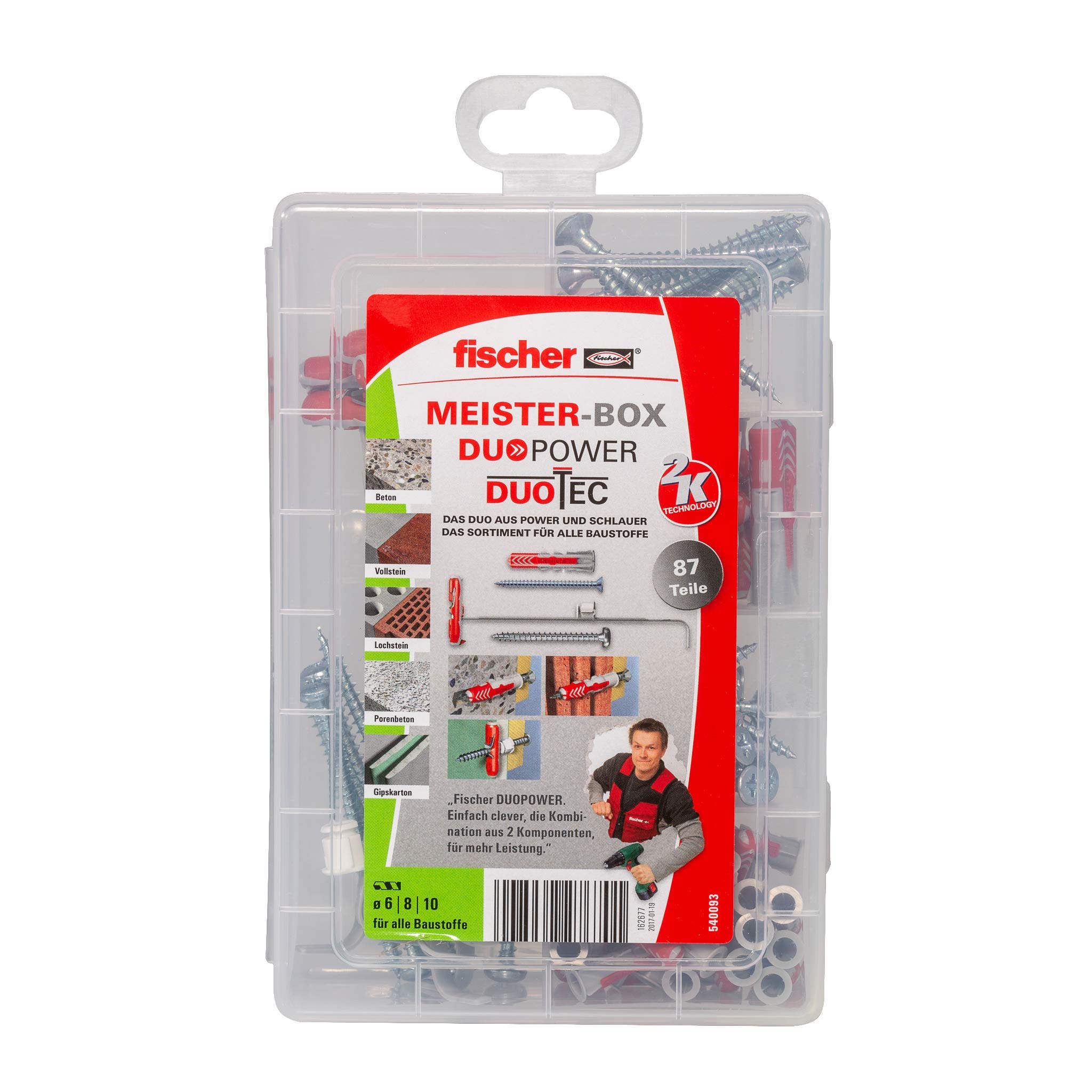 Fischer Meister Box Dowel Set, 540093 - 87pcs Plastic Fastener Set for General Construction & DIY Projects