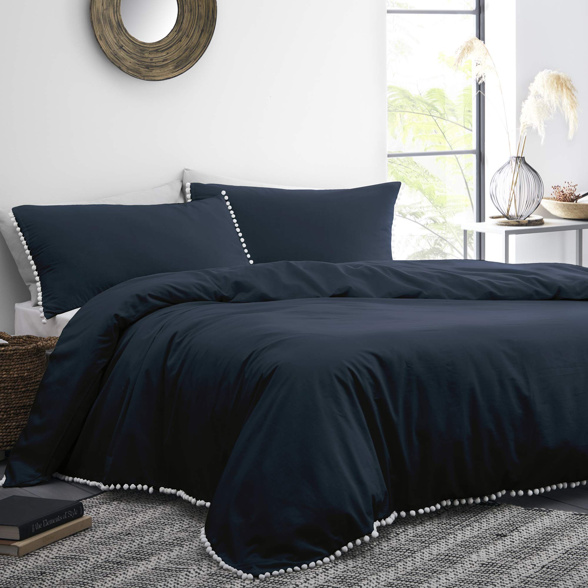 Appletree Signature Lynton 100% Cotton Pom Pom Fringed Duvet Cover Set, Navy, Single