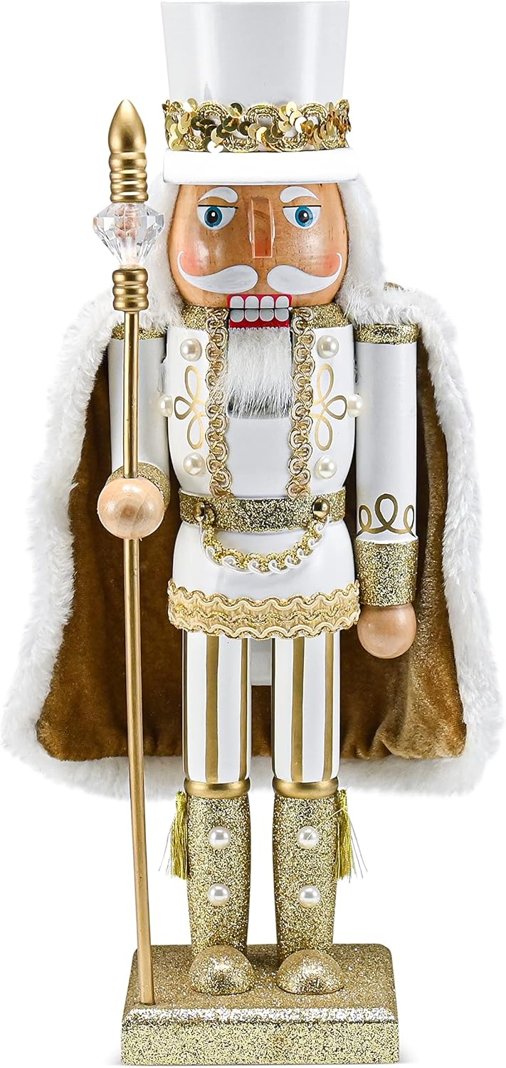 Nutcrackers - Ornativity Christmas Gold King Nutcracker – Gold and White Glittered Wooden Nutcracker Man with Gold and White Fur Cape and Staff in Hand Xmas Themed Holiday Nut Cracker Doll Figure Decorations 14