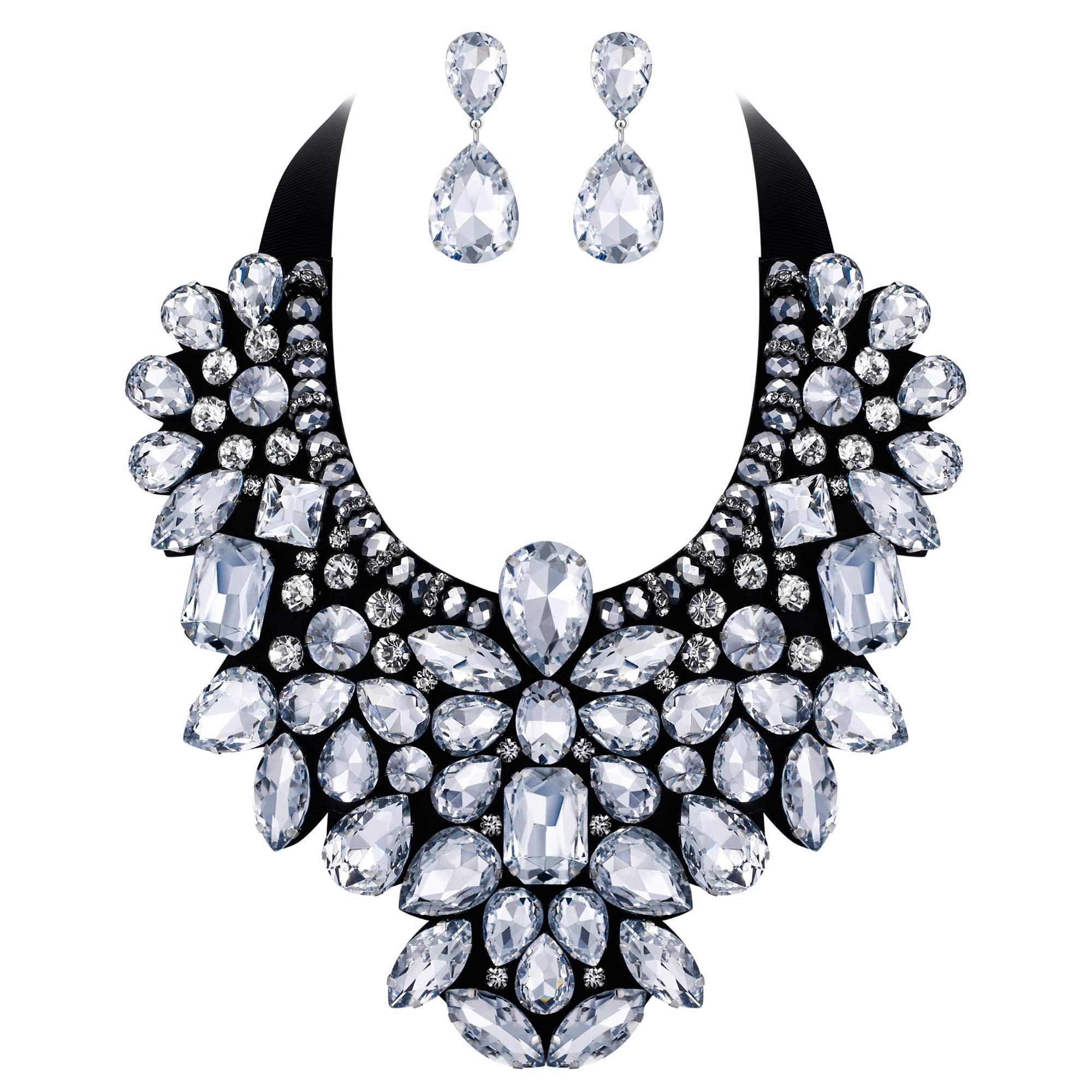 Ever Faith Costume Jewelry for Women, Clear Rhinestone Crystal Chunky Collar Statement Necklace Earrings Set