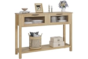 IDEALHOUSE Console Table with 2 Glass Drawers, Fluted Glass Entryway Table & Open Storage Shelf, Narrow Sofa Table for Living