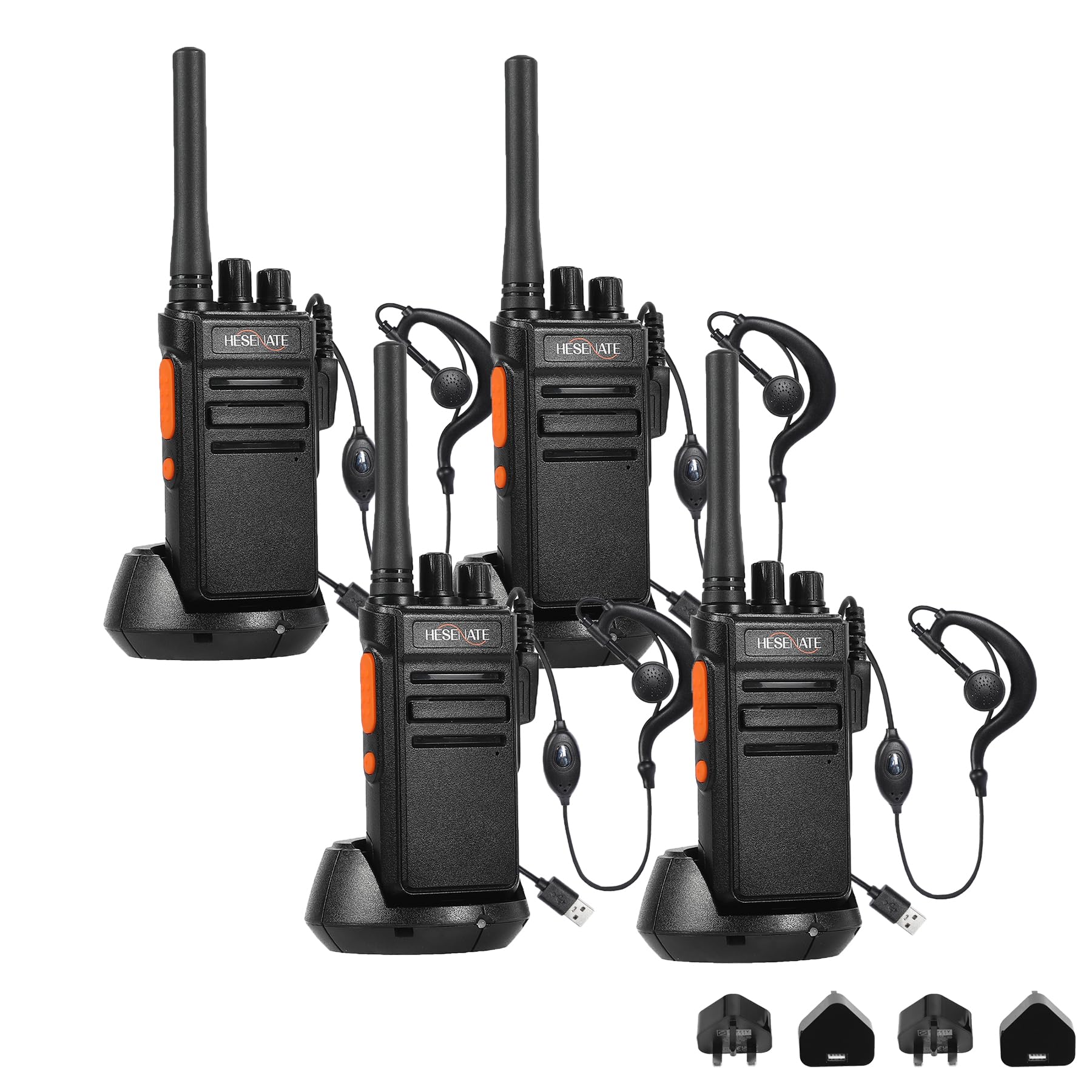 HESENATE Walkie Talkies for Adults, HT66 Long Range PMR446 Handheld 2 Way Radio with Rechargeable USB-C Charger, 16 Channels, 1200mAh Battery (4 Pack, Black) Ideal for Family, Camping, Hiking, Work
