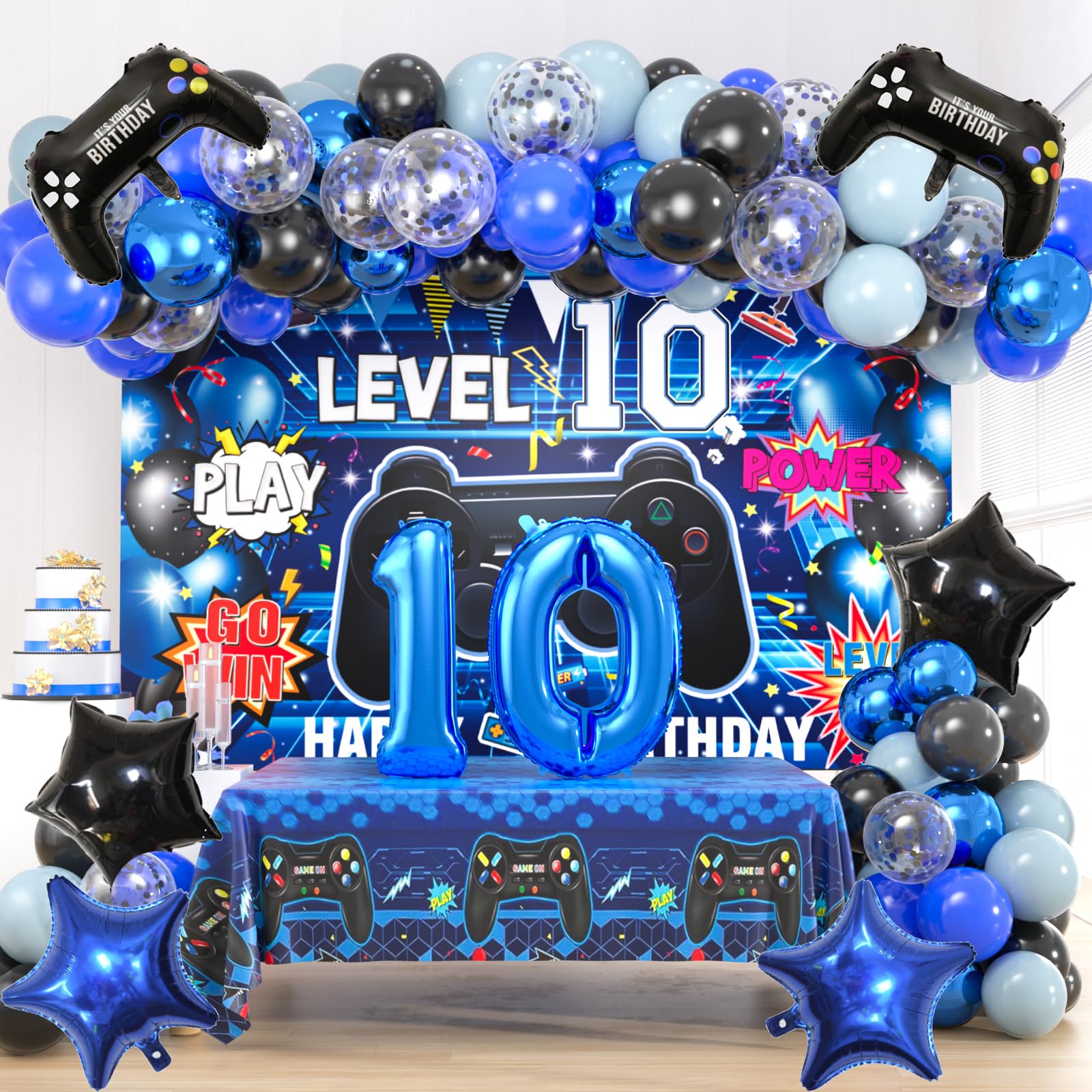 Photo 1 of 104pcs Video Game 10th Birthday Party Decoration Kit - Black and Blue Latex Balloons, 10th Happy Birthday Gaming Backdrop, Tablecloth, Foil Number 10 & Gamer & Star Balloon for Boys Girls