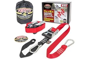 PowerTye 1.5 inch x 6.5ft Heavy Duty Ratchet Tie Down Straps with Carabiner Hooks, Soft-Tye & Storage Bag, for Motorcycle, ATV, Trailer & Cargo - 1,000 lb WLL - Made in USA - Red/Black Pair