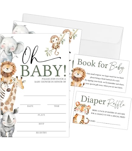 Inkdotpot Set di 30 Biglietti Animali della Giungla Baby Shower Inviti-Pannolino Lotteria E Schede di Richiesta Libro Genere Neutro Invita È Un Ragazzo È Una Ragazza