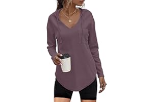 WNEEDU Women Tops Long Sleeve Waffle Hoodies Ladies Pullover Tunic with Hood V Neck Sweatshirts 2025