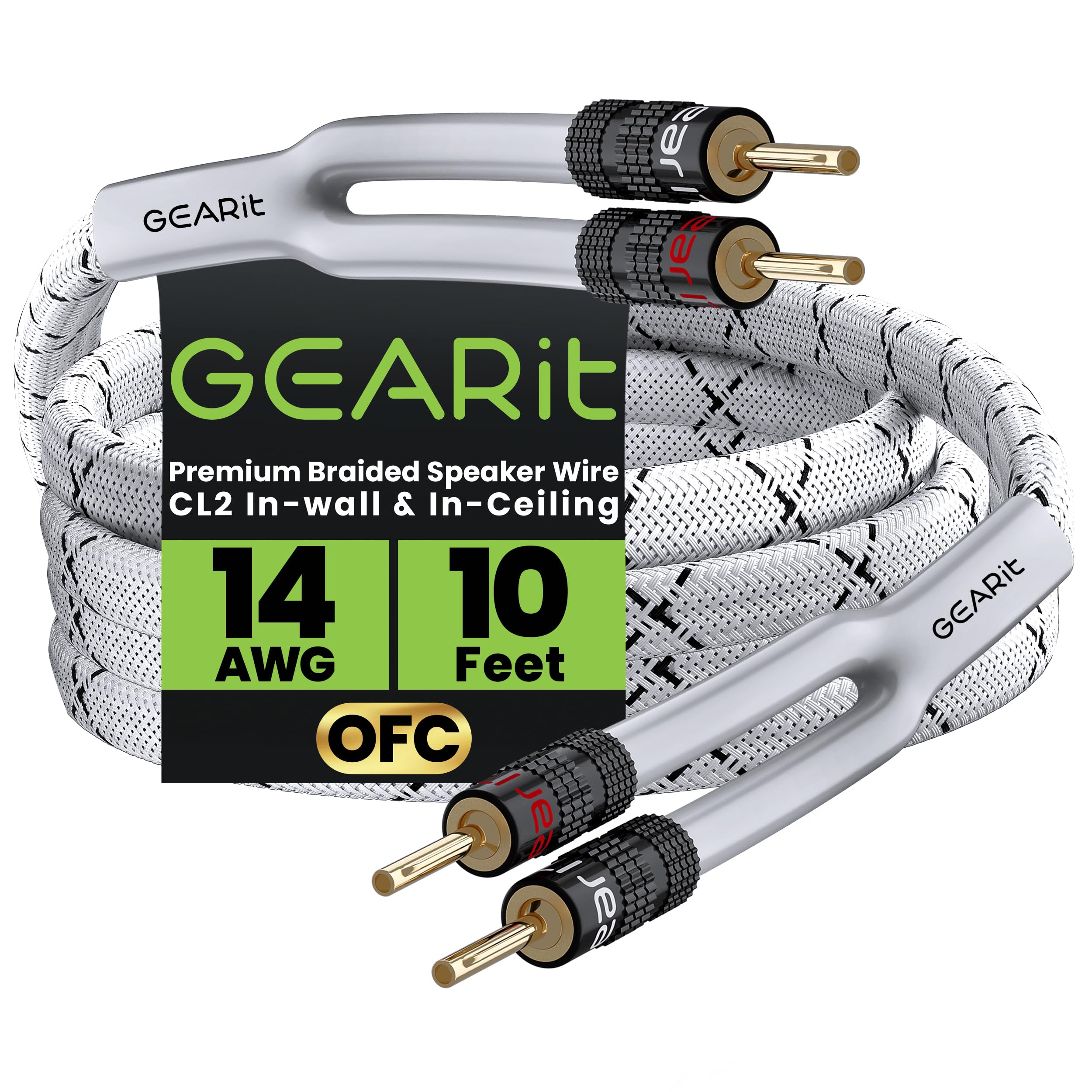 GearIT 14AWG Premium Heavy Duty Braided Speaker Wire (10 Feet / 3 Meters) with Dual Gold Plated Banana Plug Tips - Oxygen-free Copper (OFC) Construction, White