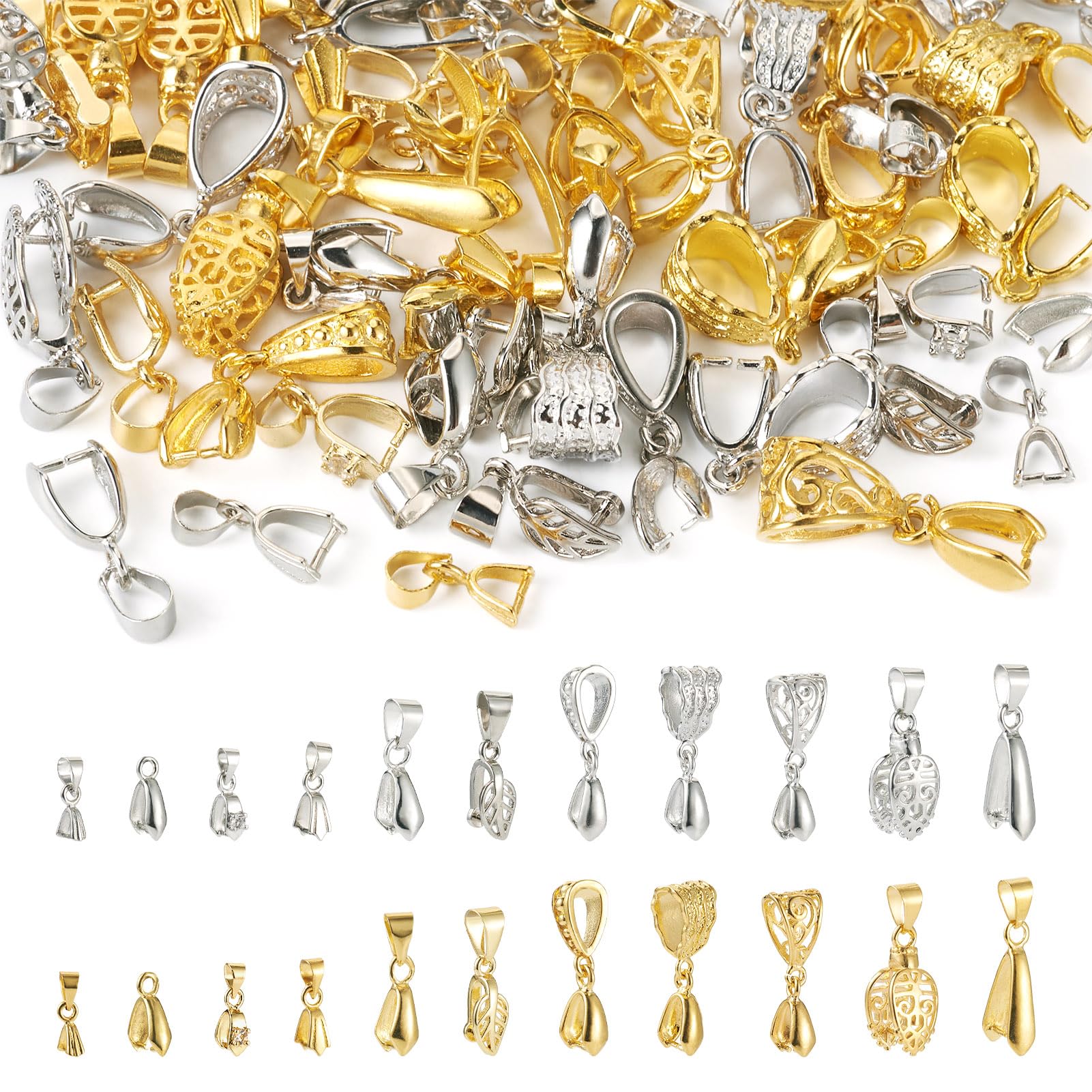 PH PandaHall PandaHall 88pcs Brass Ice Pick Pinch Bails Pendants Pinch Bails Clip Necklaces Clasps Bead Connectors for DIY Jewellery Making, Platinum & Golden, (KK-TA0001-27-YS-EU)