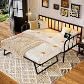 MU Daybed with Pop Up Trundle, Twin Day Bed with Trundle Bed Twin, Charging Station and LED Lights, Twin to King Metal Bed Frame with Steel Slat Support for Bedroom, Guest Room and Living Room, Black