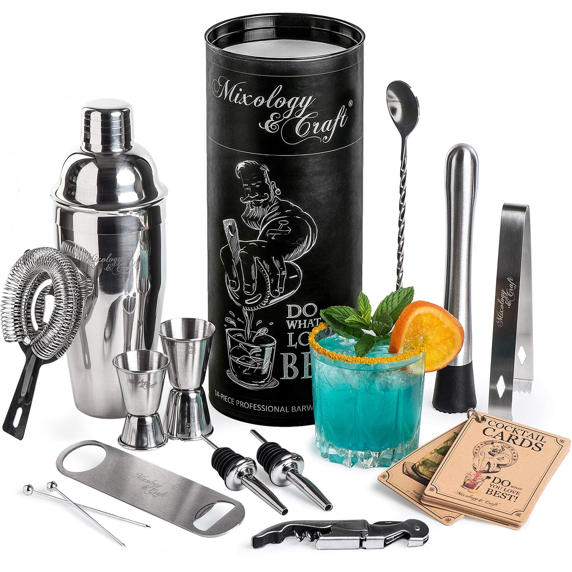 Mixology Bartender Kit: 14-Piece Cocktail Shaker Set - Bar Tool Set for Home and Professional Bartending - Martini Shaker Set with Drink Mixing Bar Tools - Exclusive Cocktail Picks and Recipes Bonus