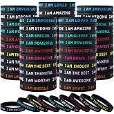 KUCLIN 100 Pieces Students Inspirational Silicone Wristbands Motivational Quotes Rubber Bracelets for Kids Students Back to School Gifts (Black)